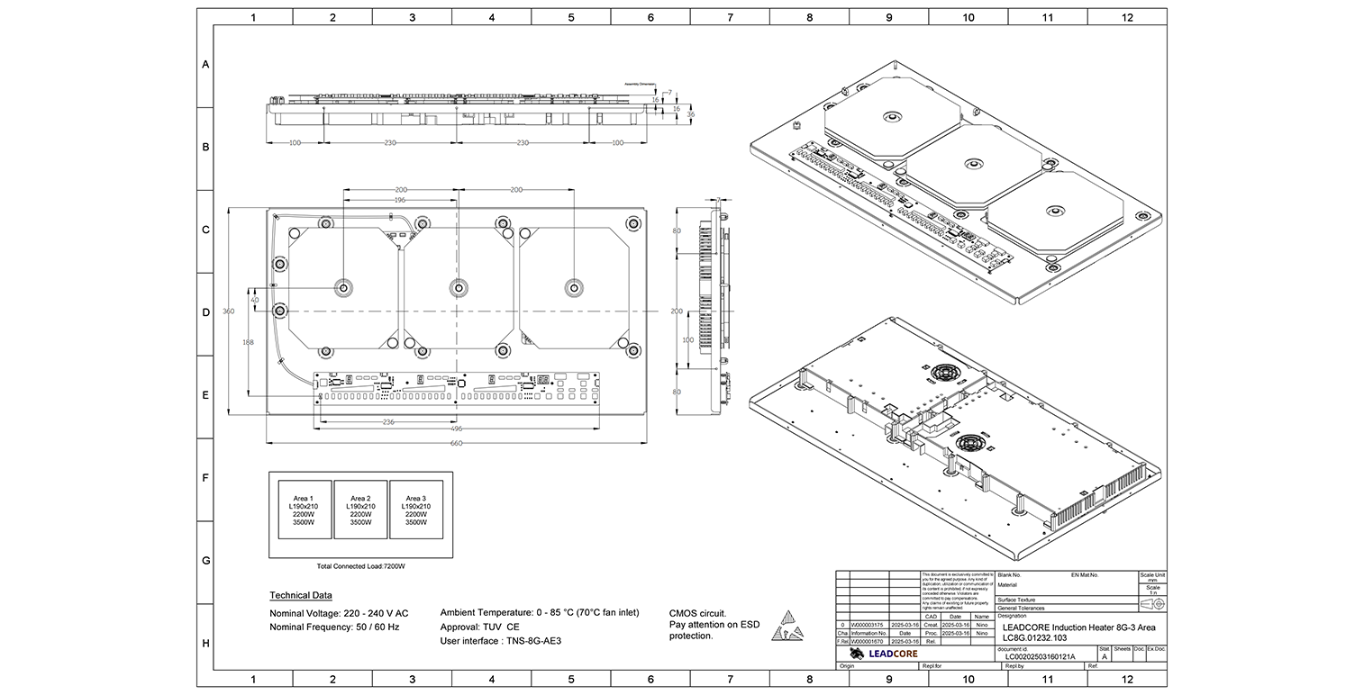 Dimensions diagram of 8G 3-area induction heater