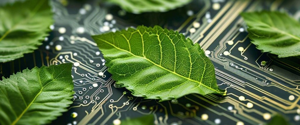 Induction heater component paired with leaf representing eco-friendly production and improved processes