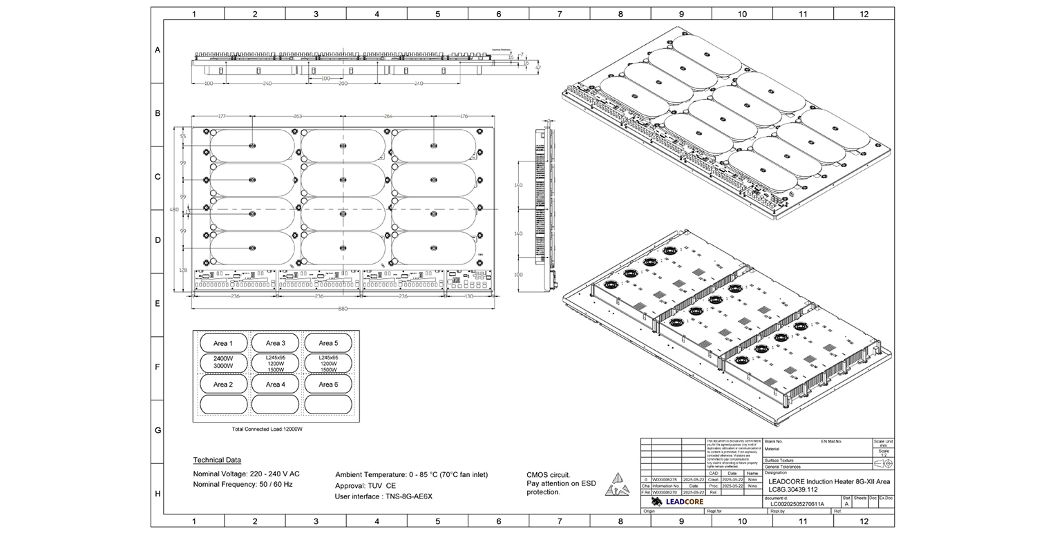 Dimensions diagram of 8G X6-area induction heater